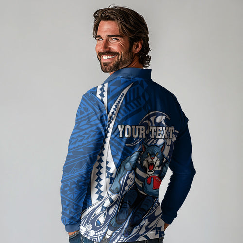 Personalized Geelong Cats Long Sleeve Polo Shirt Polynesian Tribal Cat Mascot With Hibiscus Floral Art
