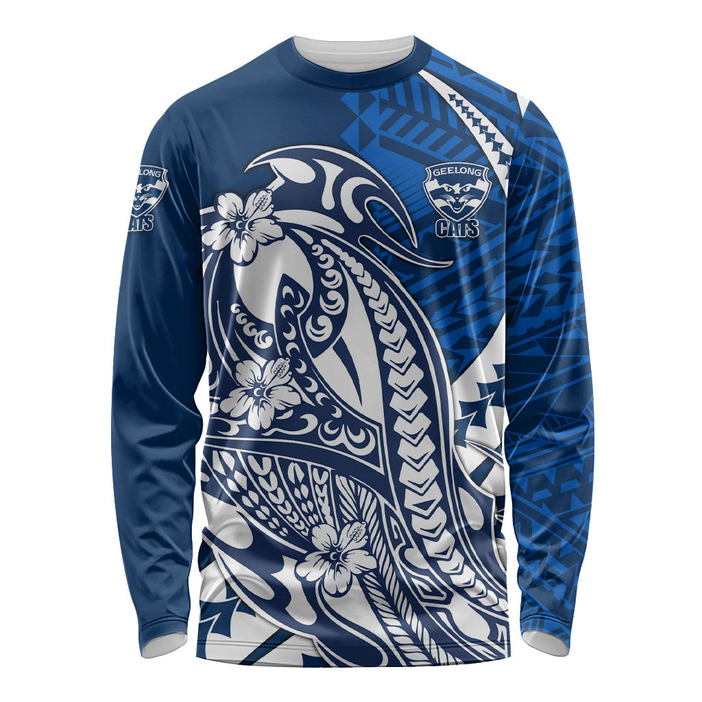 Personalized Geelong Cats Long Sleeve Shirt Polynesian Tribal Cat Mascot With Hibiscus Floral Art