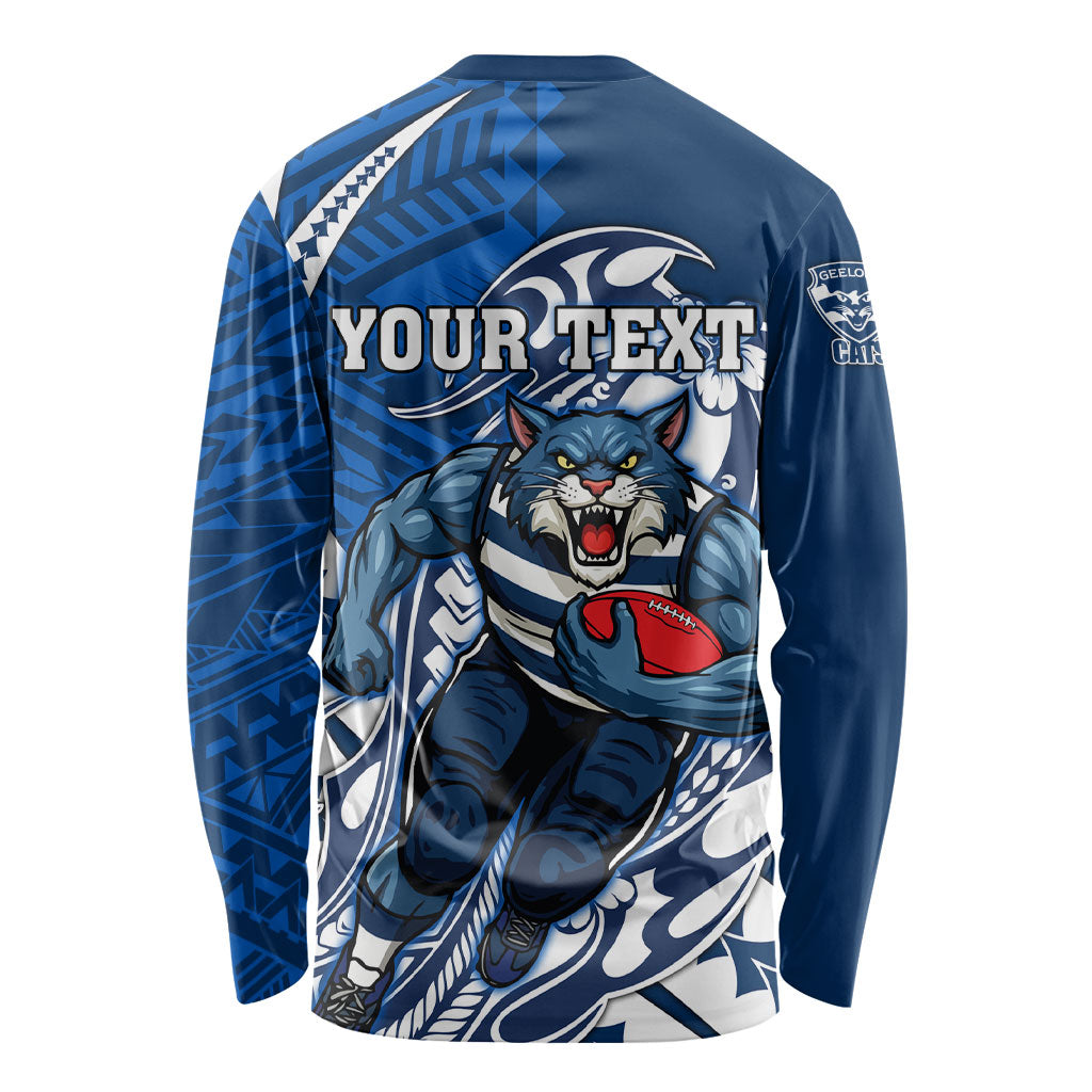 Personalized Geelong Cats Long Sleeve Shirt Polynesian Tribal Cat Mascot With Hibiscus Floral Art