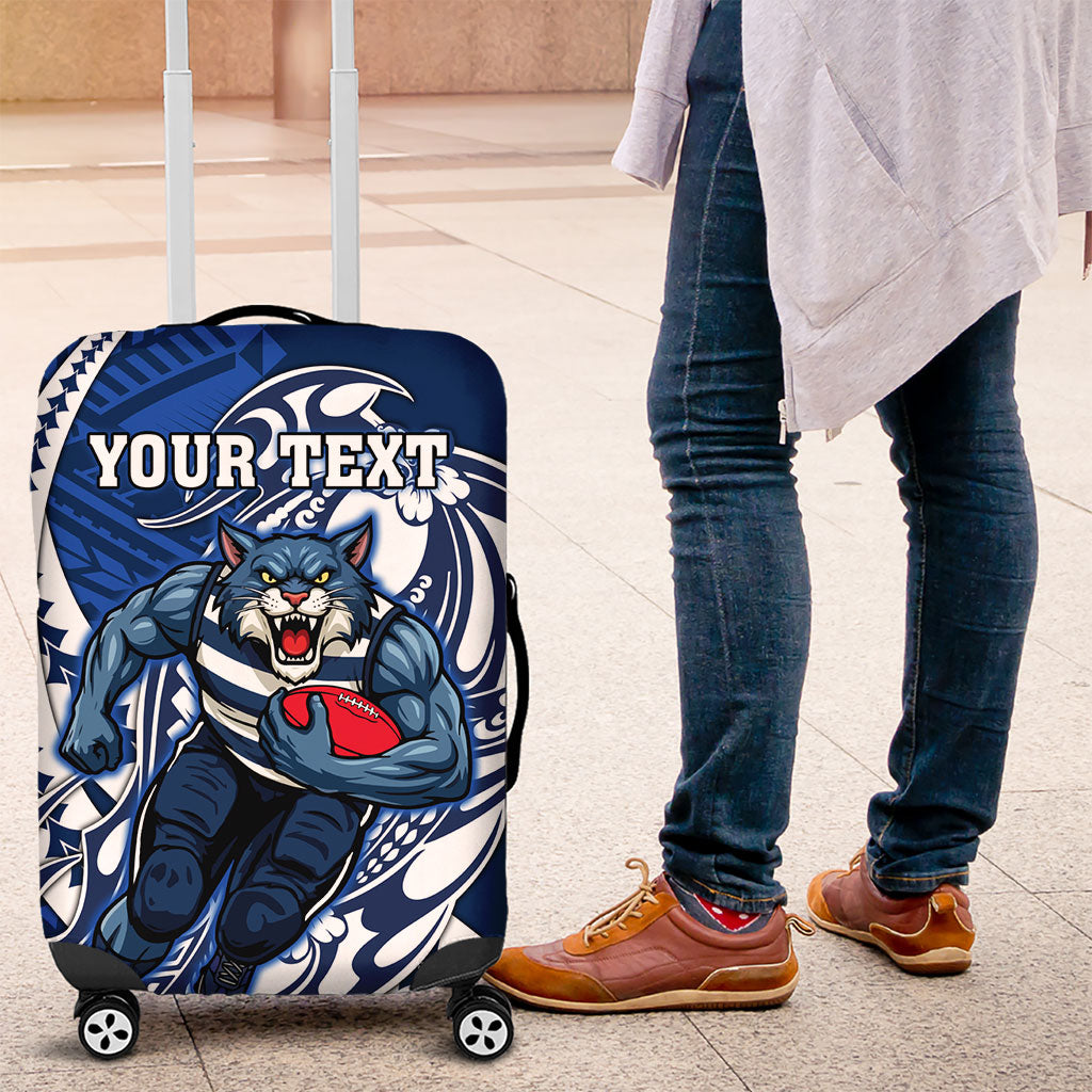 Personalized Geelong Cats Luggage Cover Polynesian Tribal Cat Mascot With Hibiscus Floral Art