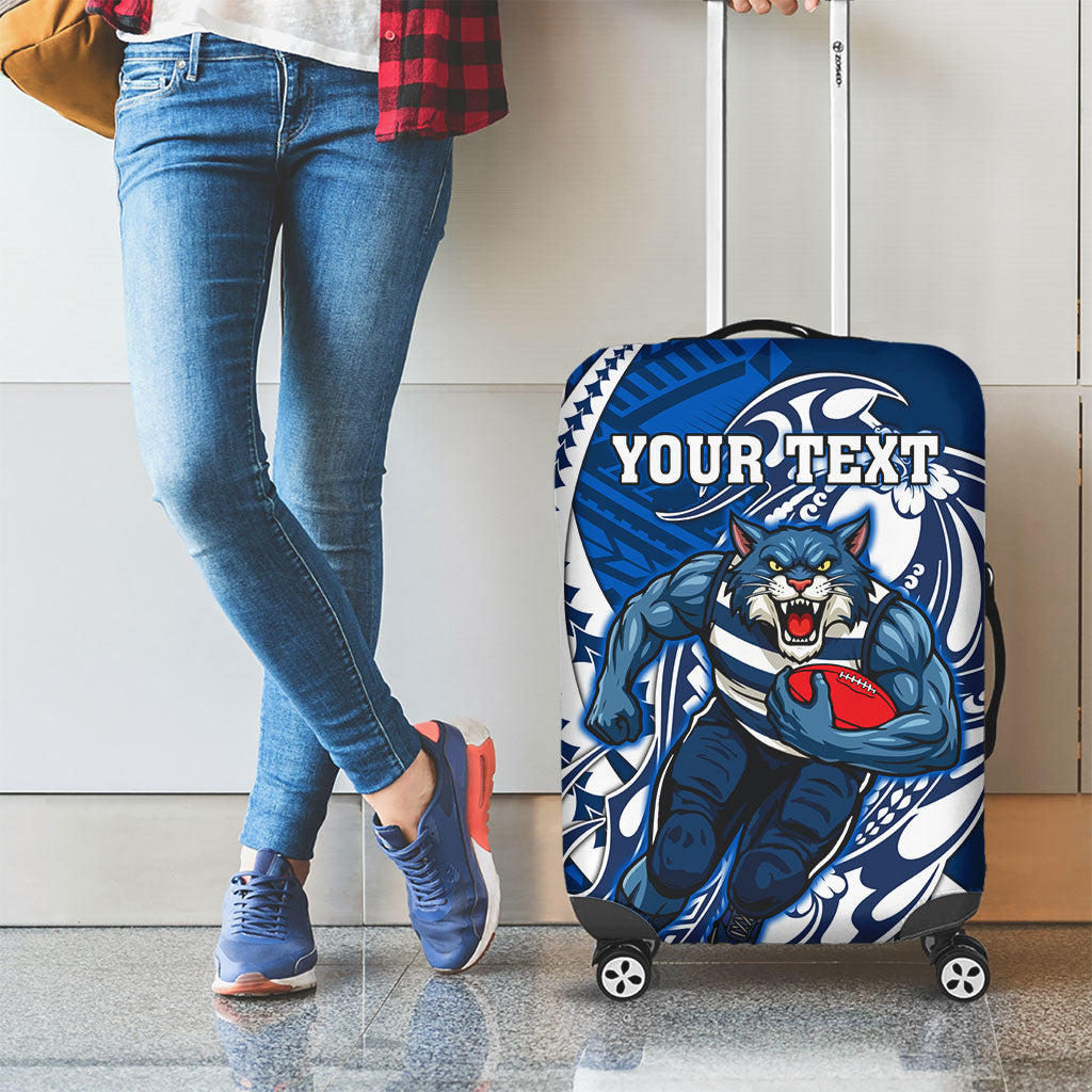 Personalized Geelong Cats Luggage Cover Polynesian Tribal Cat Mascot With Hibiscus Floral Art