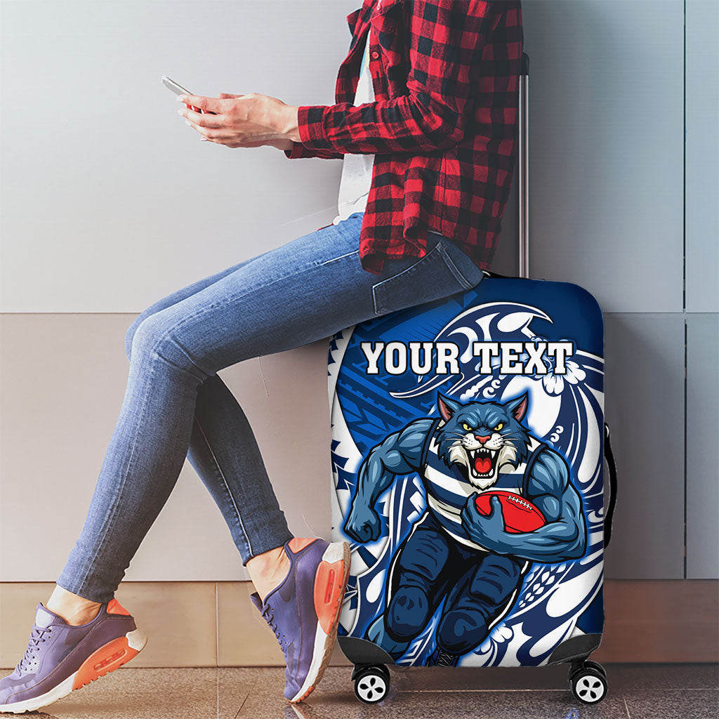 Personalized Geelong Cats Luggage Cover Polynesian Tribal Cat Mascot With Hibiscus Floral Art