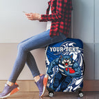 Personalized Geelong Cats Luggage Cover Polynesian Tribal Cat Mascot With Hibiscus Floral Art