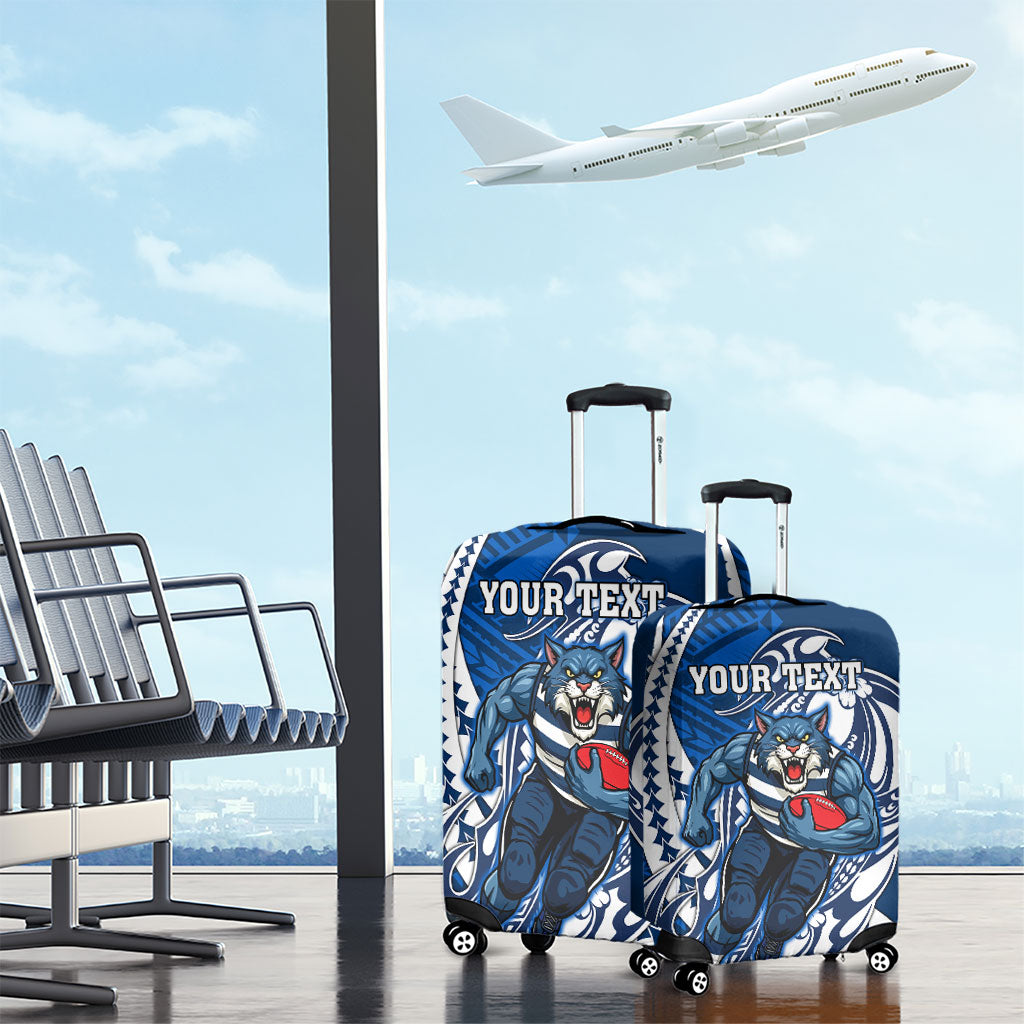 Personalized Geelong Cats Luggage Cover Polynesian Tribal Cat Mascot With Hibiscus Floral Art