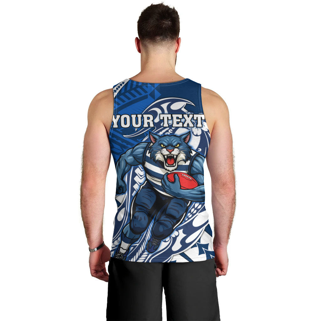 Personalized Geelong Cats Men Tank Top Polynesian Tribal Cat Mascot With Hibiscus Floral Art