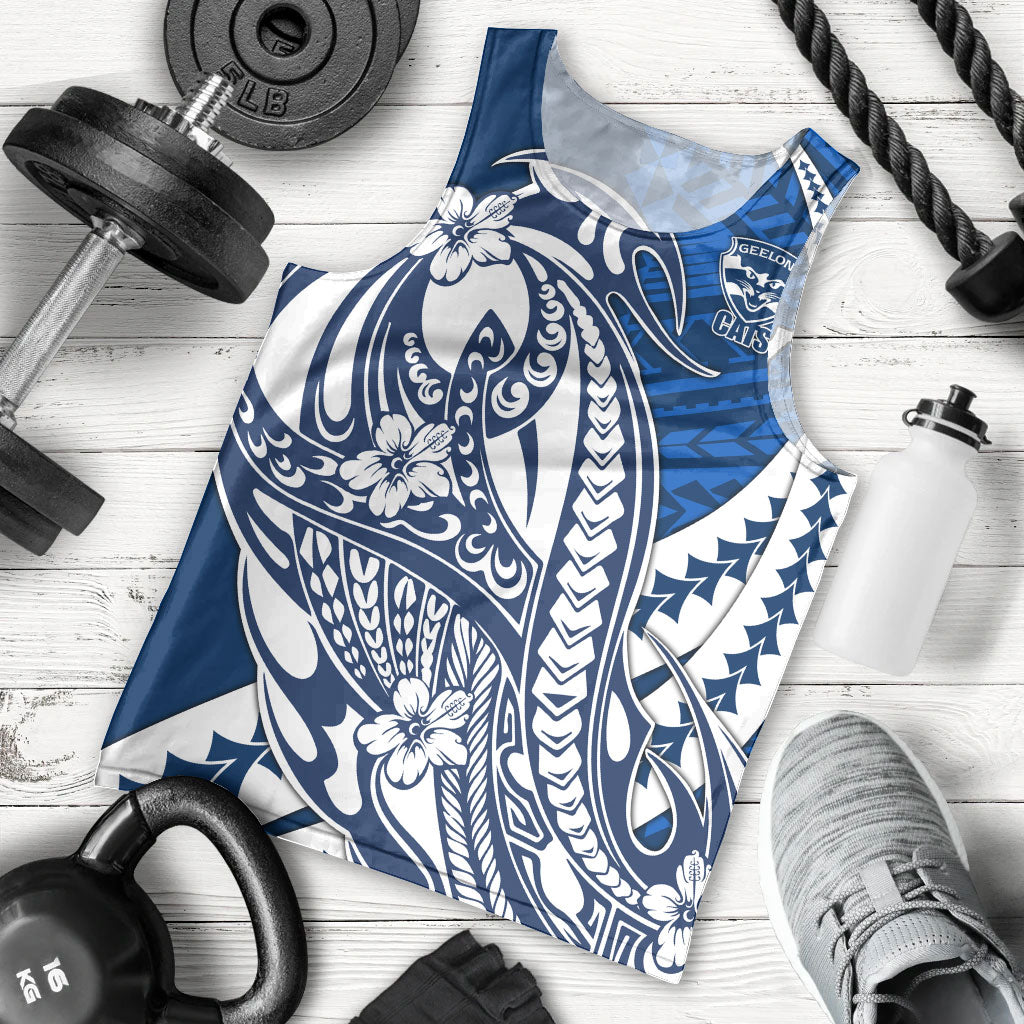 Personalized Geelong Cats Men Tank Top Polynesian Tribal Cat Mascot With Hibiscus Floral Art