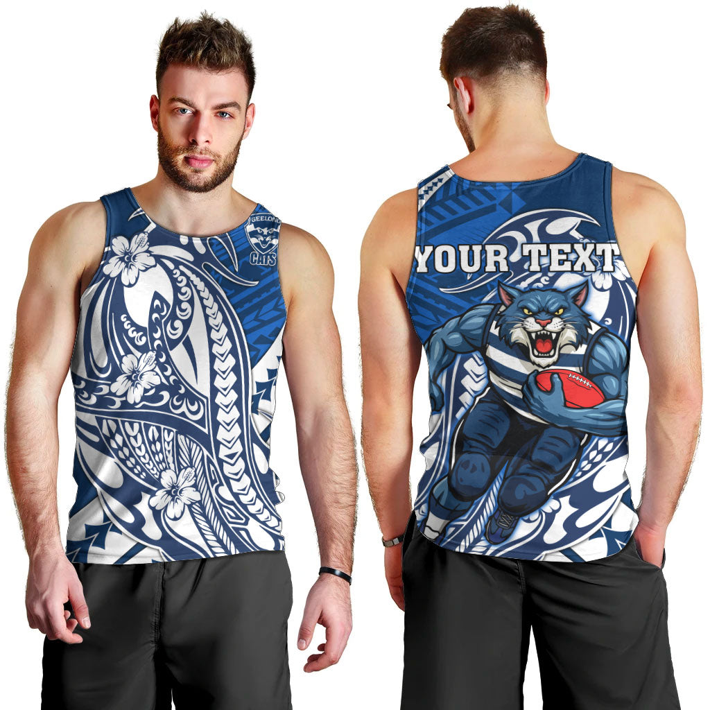 Personalized Geelong Cats Men Tank Top Polynesian Tribal Cat Mascot With Hibiscus Floral Art