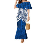 Personalized Geelong Cats Mermaid Dress Polynesian Tribal Cat Mascot With Hibiscus Floral Art