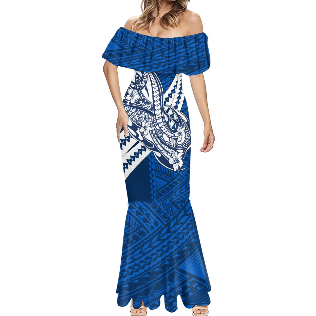 Personalized Geelong Cats Mermaid Dress Polynesian Tribal Cat Mascot With Hibiscus Floral Art