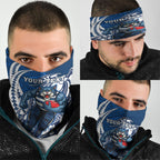 Personalized Geelong Cats Neck Gaiter Polynesian Tribal Cat Mascot With Hibiscus Floral Art