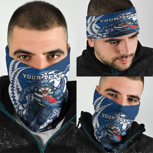Personalized Geelong Cats Neck Gaiter Polynesian Tribal Cat Mascot With Hibiscus Floral Art