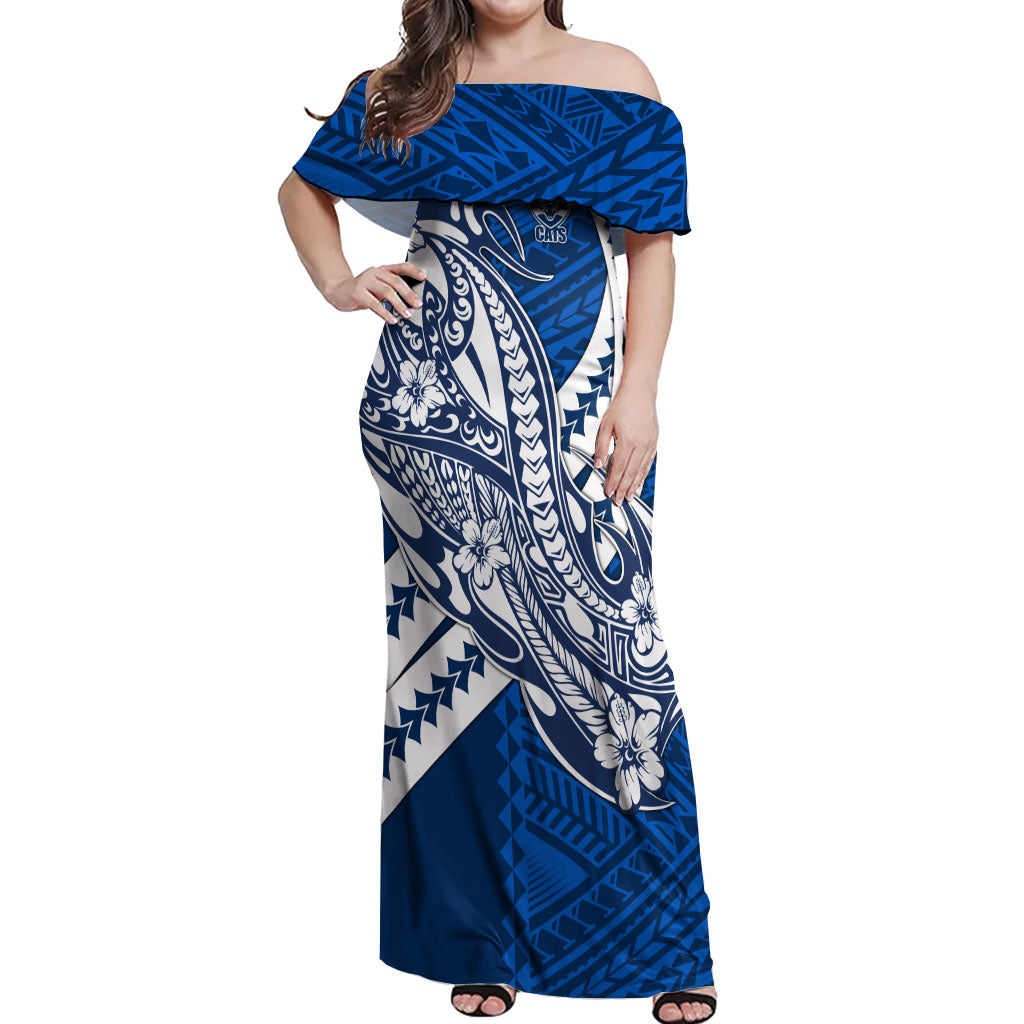 Personalized Geelong Cats Off Shoulder Maxi Dress Polynesian Tribal Cat Mascot With Hibiscus Floral Art