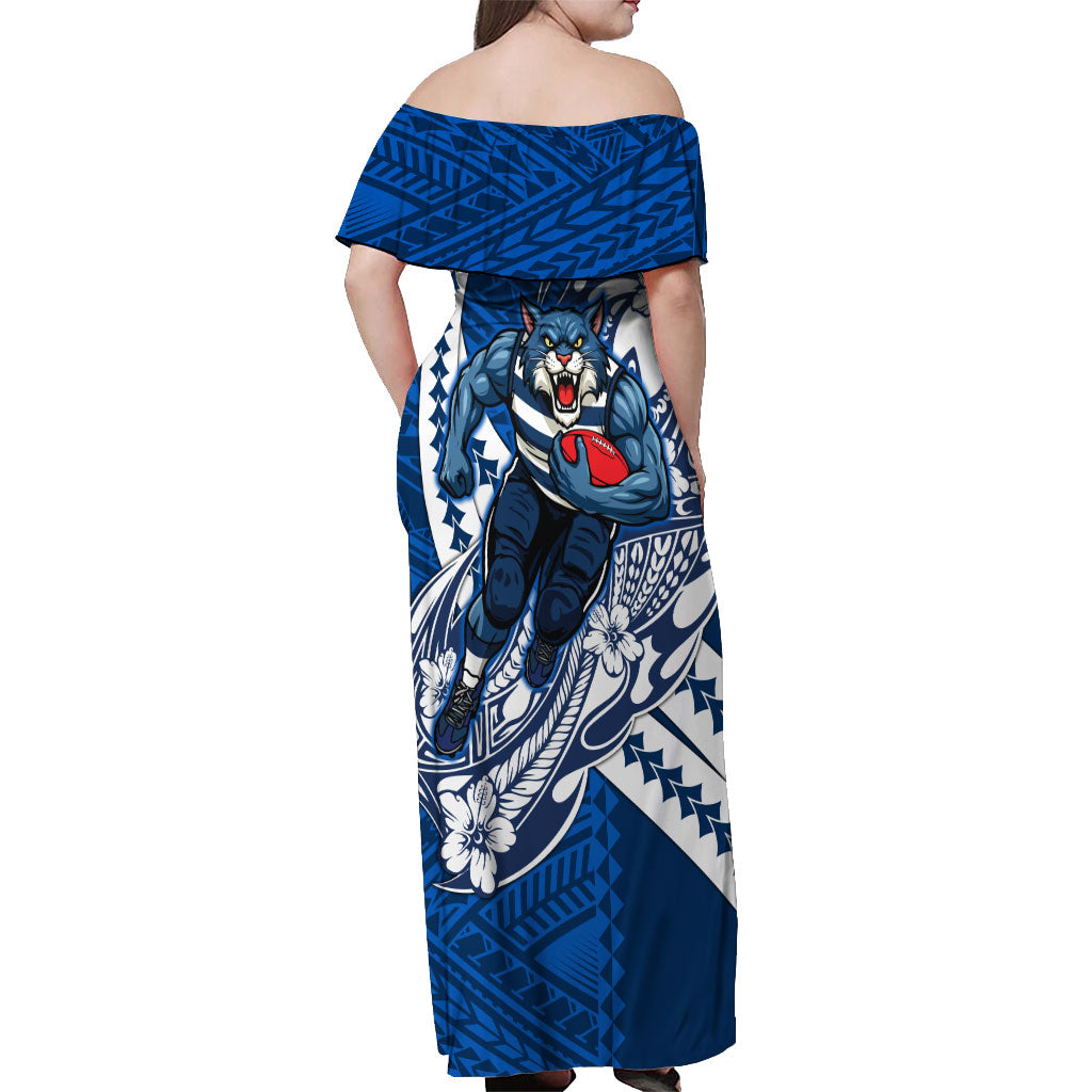 Personalized Geelong Cats Off Shoulder Maxi Dress Polynesian Tribal Cat Mascot With Hibiscus Floral Art