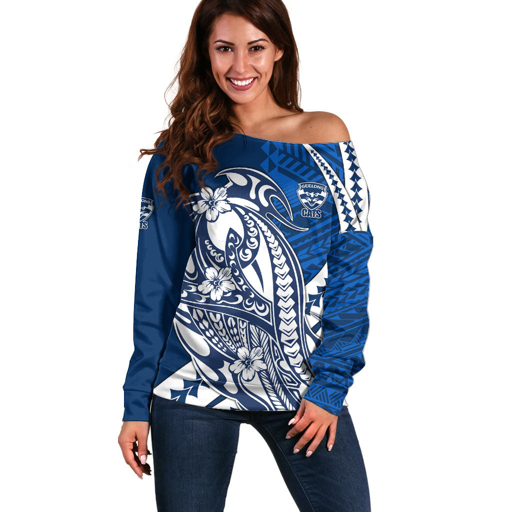 Personalized Geelong Cats Off Shoulder Sweater Polynesian Tribal Cat Mascot With Hibiscus Floral Art