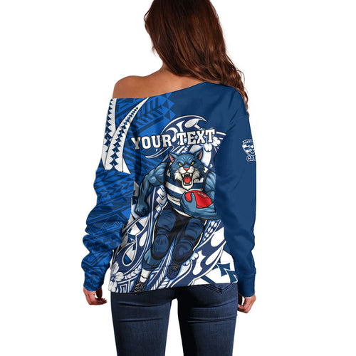 Personalized Geelong Cats Off Shoulder Sweater Polynesian Tribal Cat Mascot With Hibiscus Floral Art