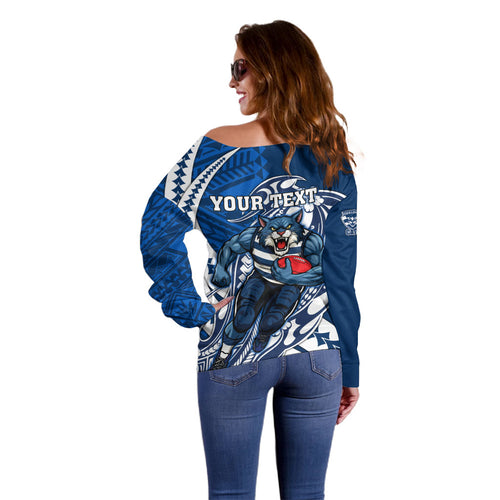 Personalized Geelong Cats Off Shoulder Sweater Polynesian Tribal Cat Mascot With Hibiscus Floral Art