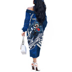 Personalized Geelong Cats Off The Shoulder Long Sleeve Dress Polynesian Tribal Cat Mascot With Hibiscus Floral Art