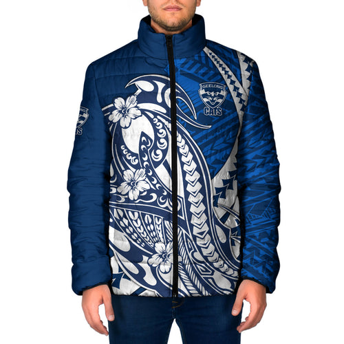 Personalized Geelong Cats Padded Jacket Polynesian Tribal Cat Mascot With Hibiscus Floral Art