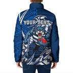 Personalized Geelong Cats Padded Jacket Polynesian Tribal Cat Mascot With Hibiscus Floral Art