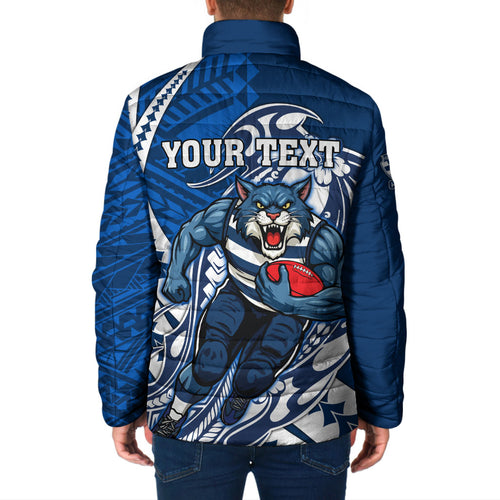 Personalized Geelong Cats Padded Jacket Polynesian Tribal Cat Mascot With Hibiscus Floral Art