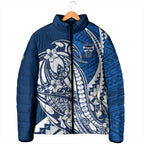 Personalized Geelong Cats Padded Jacket Polynesian Tribal Cat Mascot With Hibiscus Floral Art