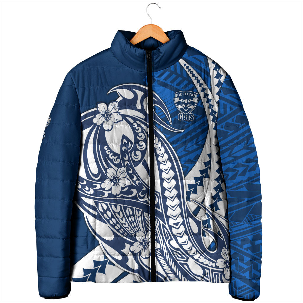 Personalized Geelong Cats Padded Jacket Polynesian Tribal Cat Mascot With Hibiscus Floral Art