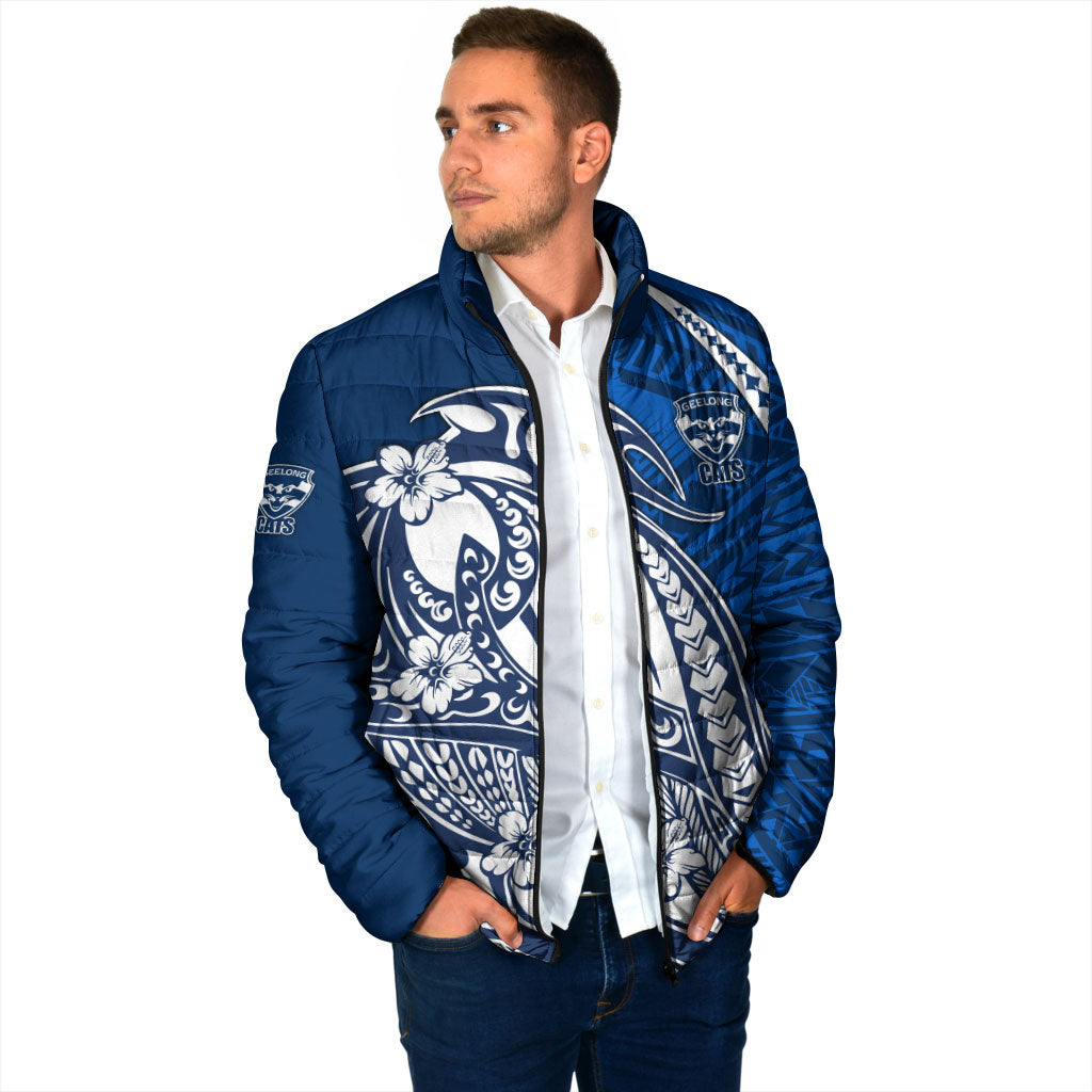 Personalized Geelong Cats Padded Jacket Polynesian Tribal Cat Mascot With Hibiscus Floral Art