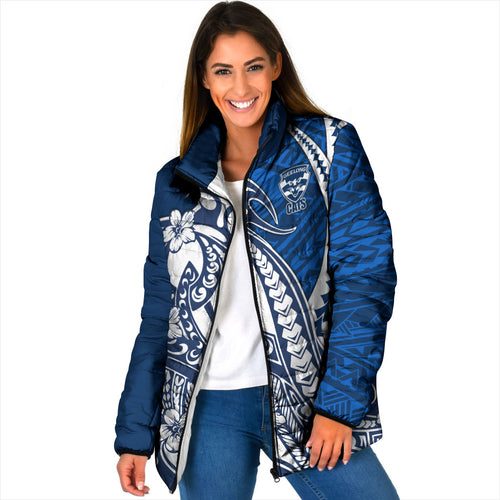 Personalized Geelong Cats Padded Jacket Polynesian Tribal Cat Mascot With Hibiscus Floral Art