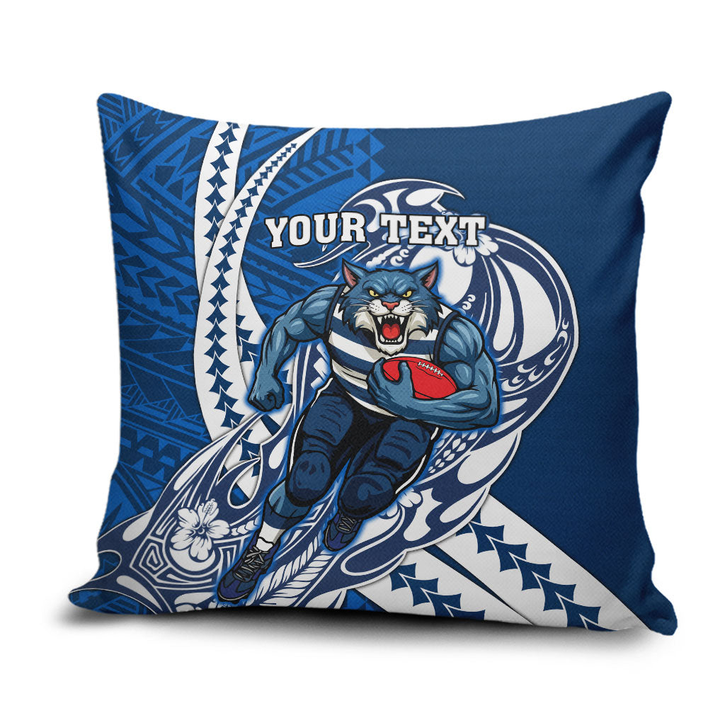 Personalized Geelong Cats Pillow Cover Polynesian Tribal Cat Mascot With Hibiscus Floral Art