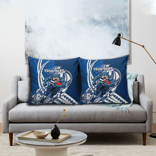Personalized Geelong Cats Pillow Cover Polynesian Tribal Cat Mascot With Hibiscus Floral Art