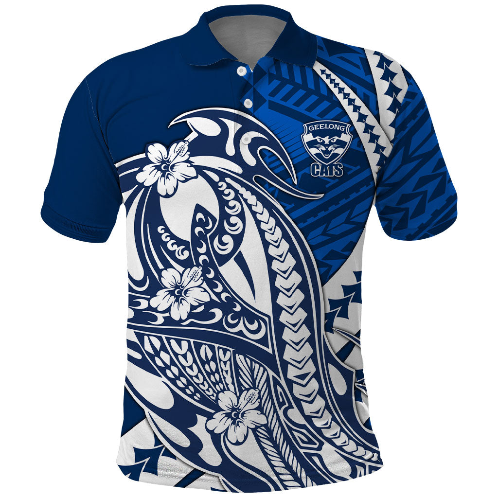 Personalized Geelong Cats Polo Shirt Polynesian Tribal Cat Mascot With Hibiscus Floral Art