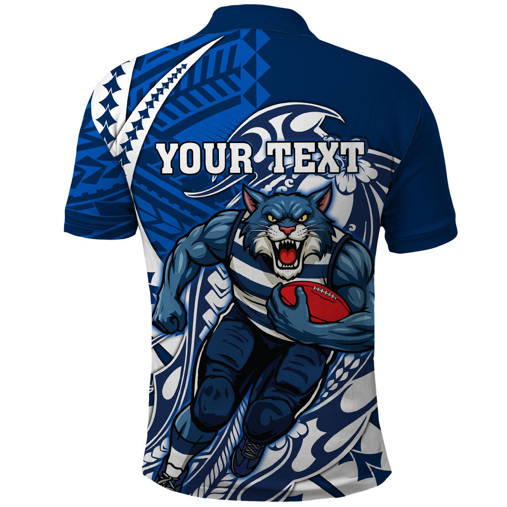 Personalized Geelong Cats Polo Shirt Polynesian Tribal Cat Mascot With Hibiscus Floral Art