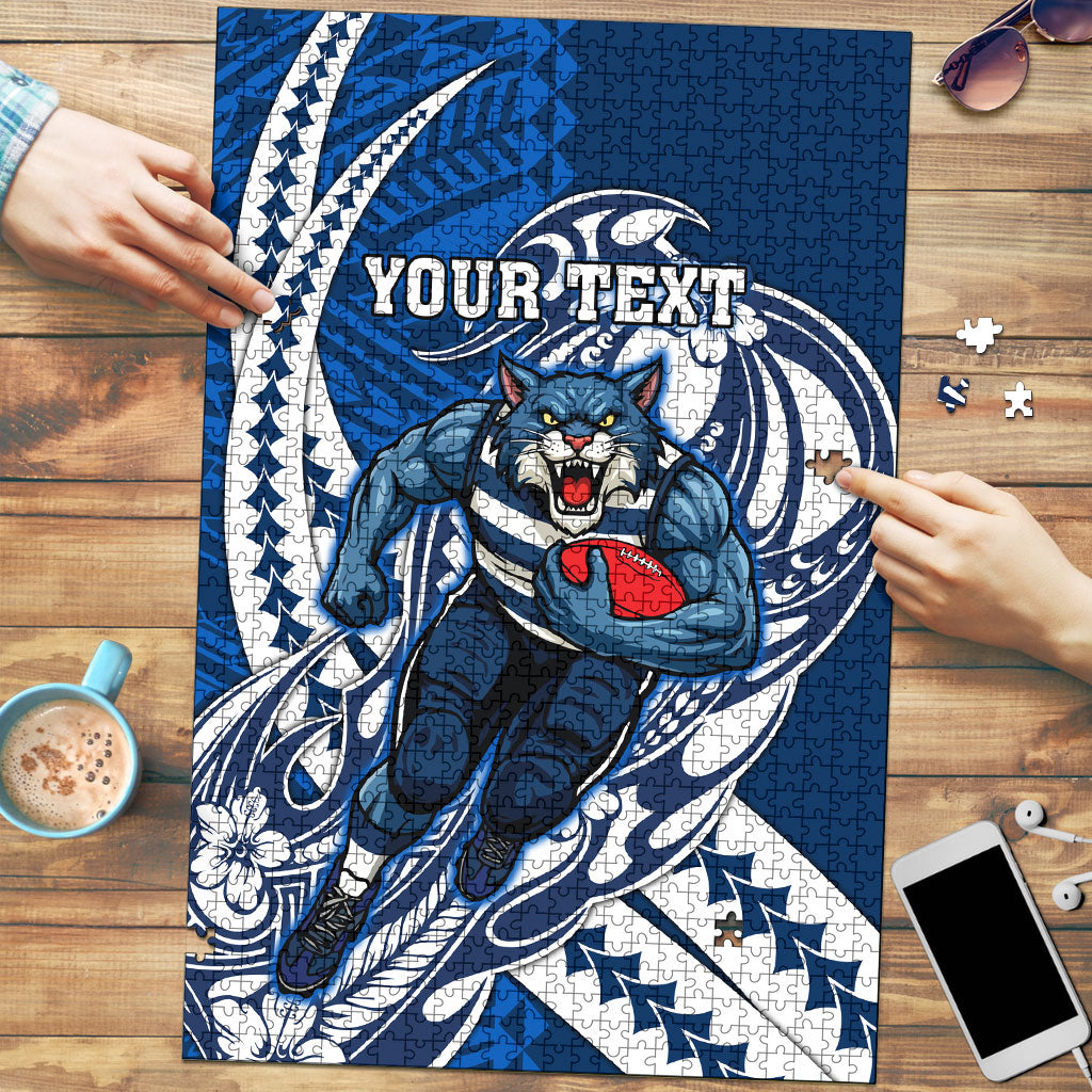 Personalized Geelong Cats Puzzle Polynesian Tribal Cat Mascot With Hibiscus Floral Art