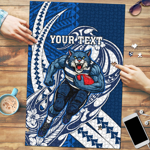 Personalized Geelong Cats Puzzle Polynesian Tribal Cat Mascot With Hibiscus Floral Art