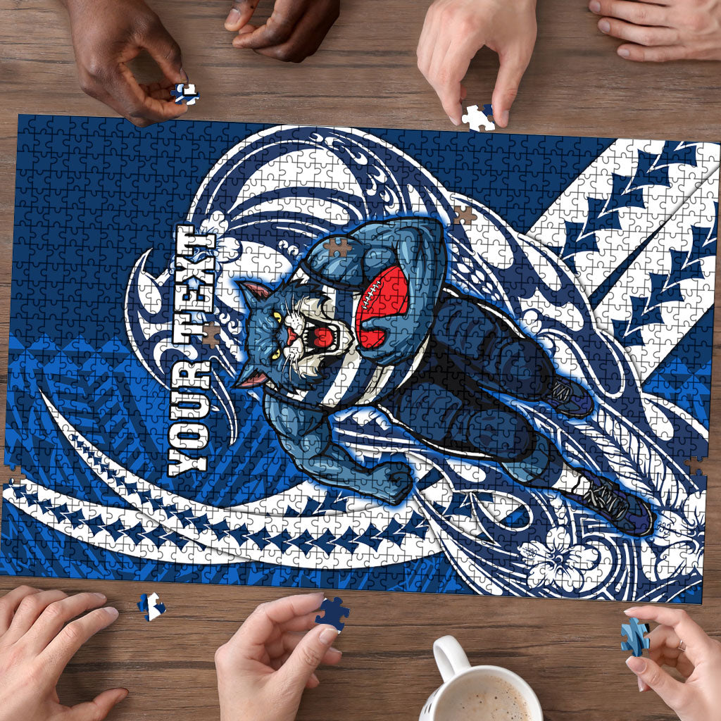 Personalized Geelong Cats Puzzle Polynesian Tribal Cat Mascot With Hibiscus Floral Art
