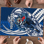Personalized Geelong Cats Puzzle Polynesian Tribal Cat Mascot With Hibiscus Floral Art