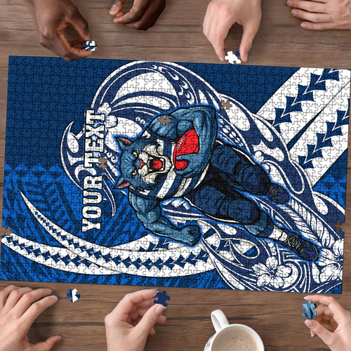 Personalized Geelong Cats Puzzle Polynesian Tribal Cat Mascot With Hibiscus Floral Art