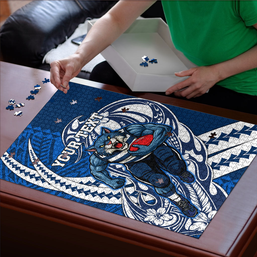 Personalized Geelong Cats Puzzle Polynesian Tribal Cat Mascot With Hibiscus Floral Art