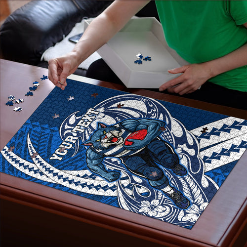 Personalized Geelong Cats Puzzle Polynesian Tribal Cat Mascot With Hibiscus Floral Art