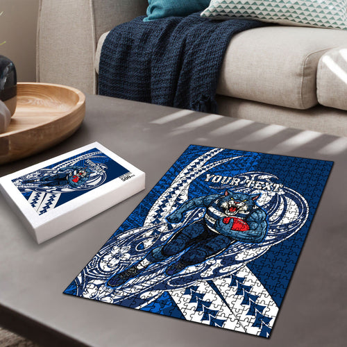 Personalized Geelong Cats Puzzle Polynesian Tribal Cat Mascot With Hibiscus Floral Art