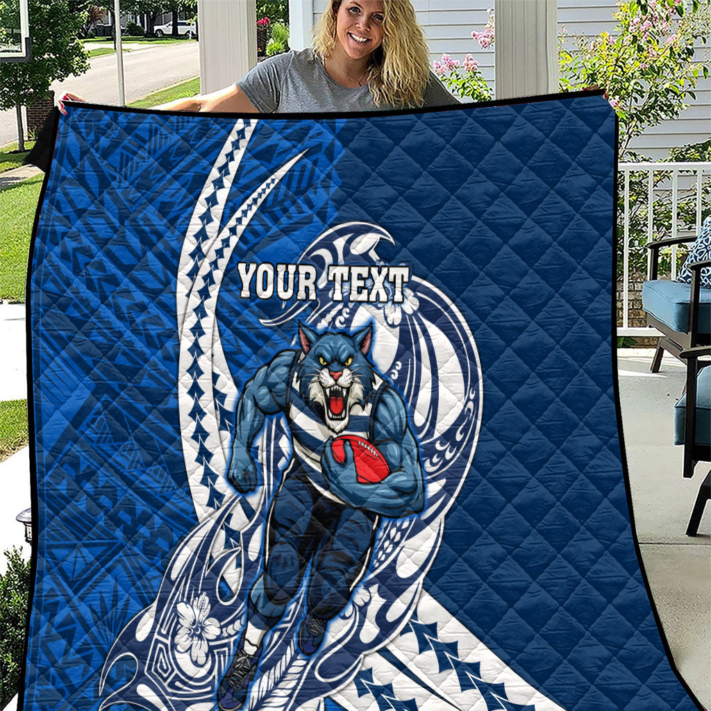 Personalized Geelong Cats Quilt Polynesian Tribal Cat Mascot With Hibiscus Floral Art