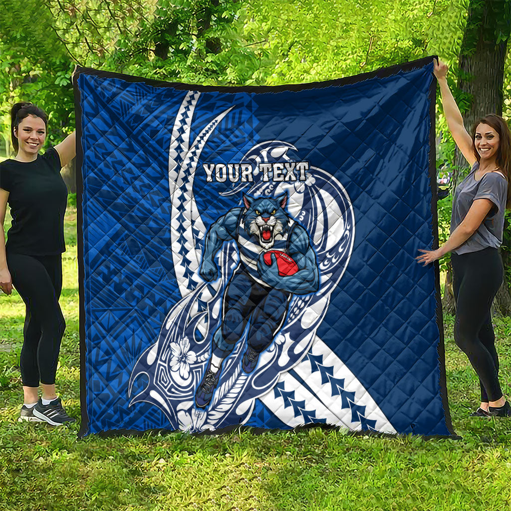 Personalized Geelong Cats Quilt Polynesian Tribal Cat Mascot With Hibiscus Floral Art