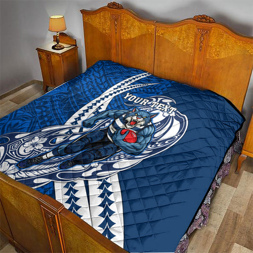 Personalized Geelong Cats Quilt Polynesian Tribal Cat Mascot With Hibiscus Floral Art