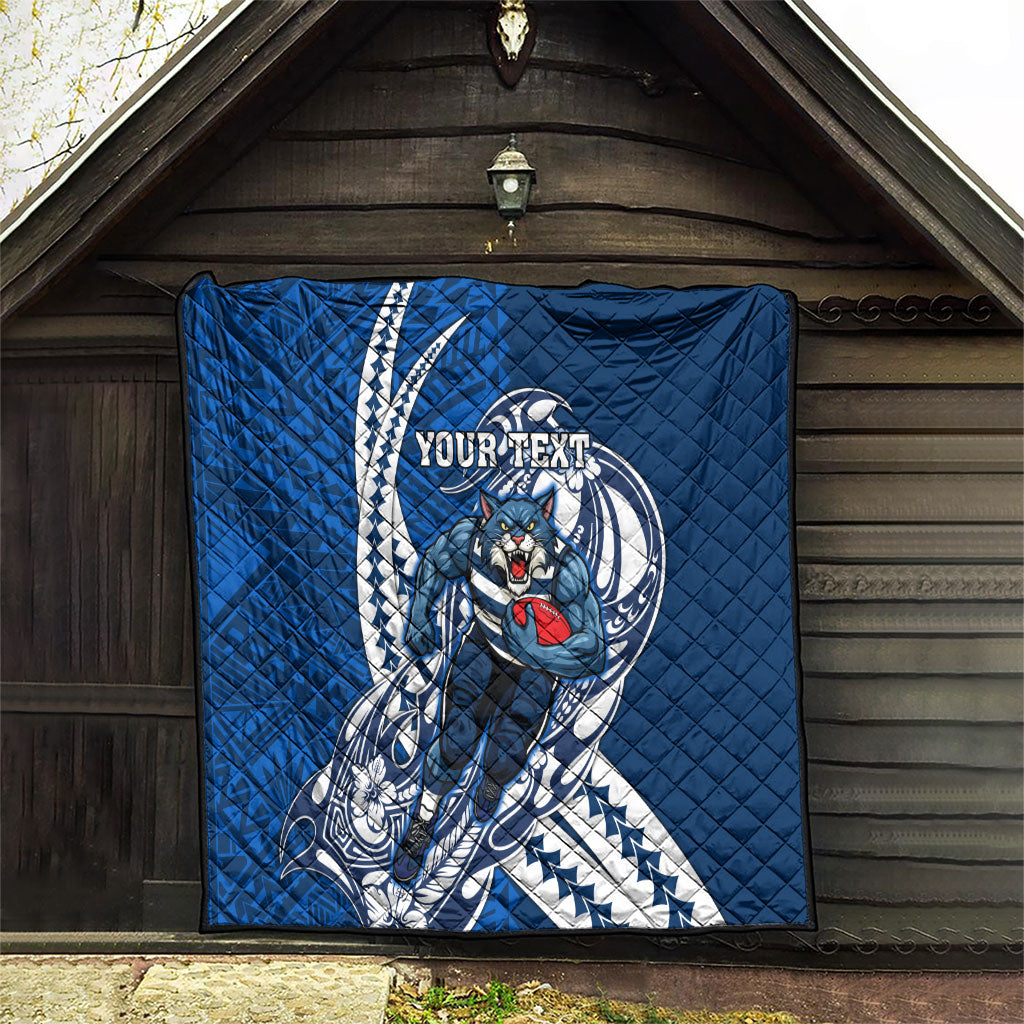 Personalized Geelong Cats Quilt Polynesian Tribal Cat Mascot With Hibiscus Floral Art