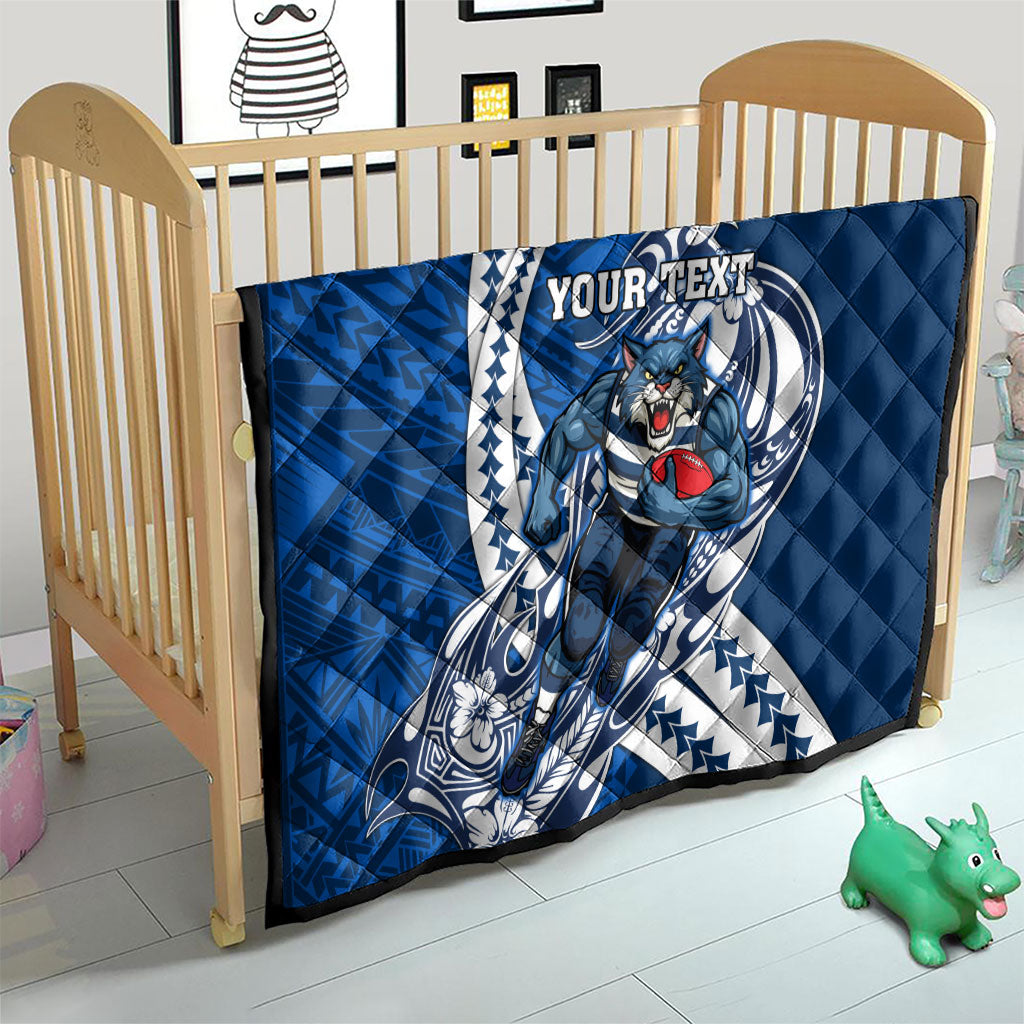 Personalized Geelong Cats Quilt Polynesian Tribal Cat Mascot With Hibiscus Floral Art