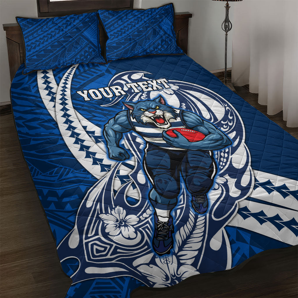 Personalized Geelong Cats Quilt Bed Set Polynesian Tribal Cat Mascot With Hibiscus Floral Art