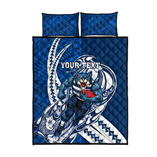 Personalized Geelong Cats Quilt Bed Set Polynesian Tribal Cat Mascot With Hibiscus Floral Art