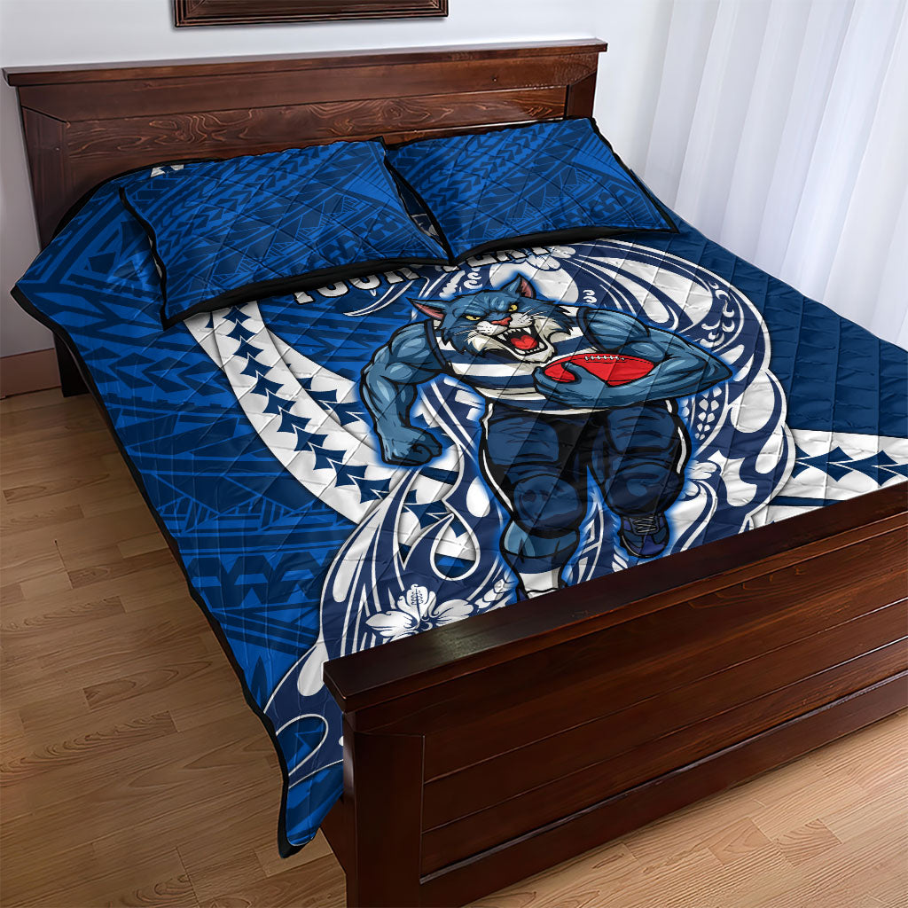 Personalized Geelong Cats Quilt Bed Set Polynesian Tribal Cat Mascot With Hibiscus Floral Art