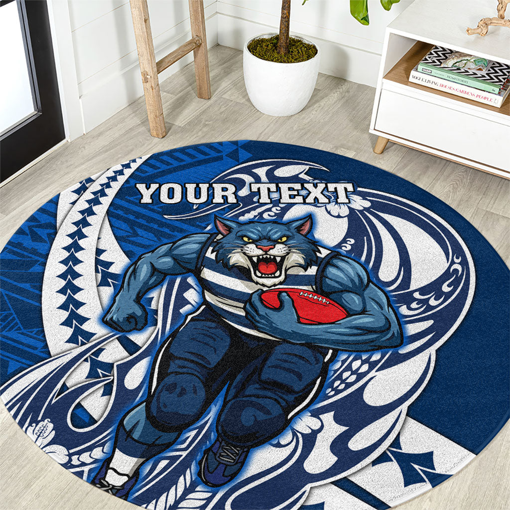 Personalized Geelong Cats Round Carpet Polynesian Tribal Cat Mascot With Hibiscus Floral Art