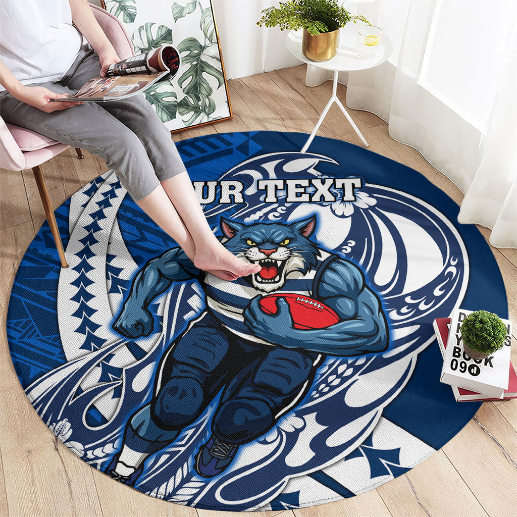Personalized Geelong Cats Round Carpet Polynesian Tribal Cat Mascot With Hibiscus Floral Art